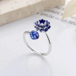 Bague Fantaisie Femme: Fleur De Lotus Bleue -Samfuryus Soldes Boutique Bague Fantaisie Femme Fleur de Lotus Bleue 2