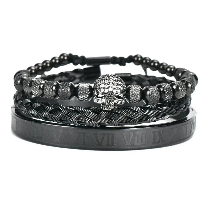 Bracelet Homme Luxe : Noir Et Tête De Mort 1 Bracelet Homme Luxe : Noir Et Tête De Mort